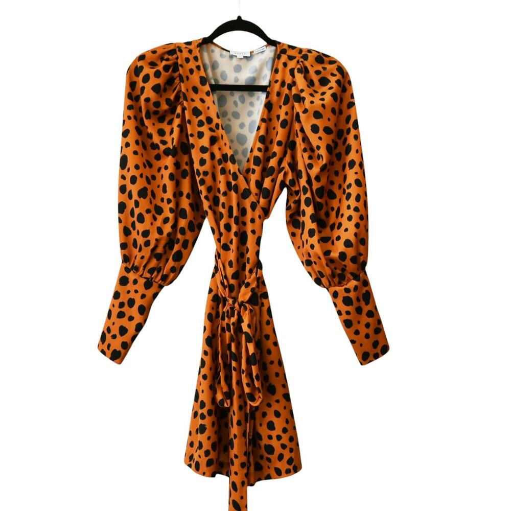 Rhode Frankie Orange Leopard Dot Print Satin Wrap Mini Dress Size XS